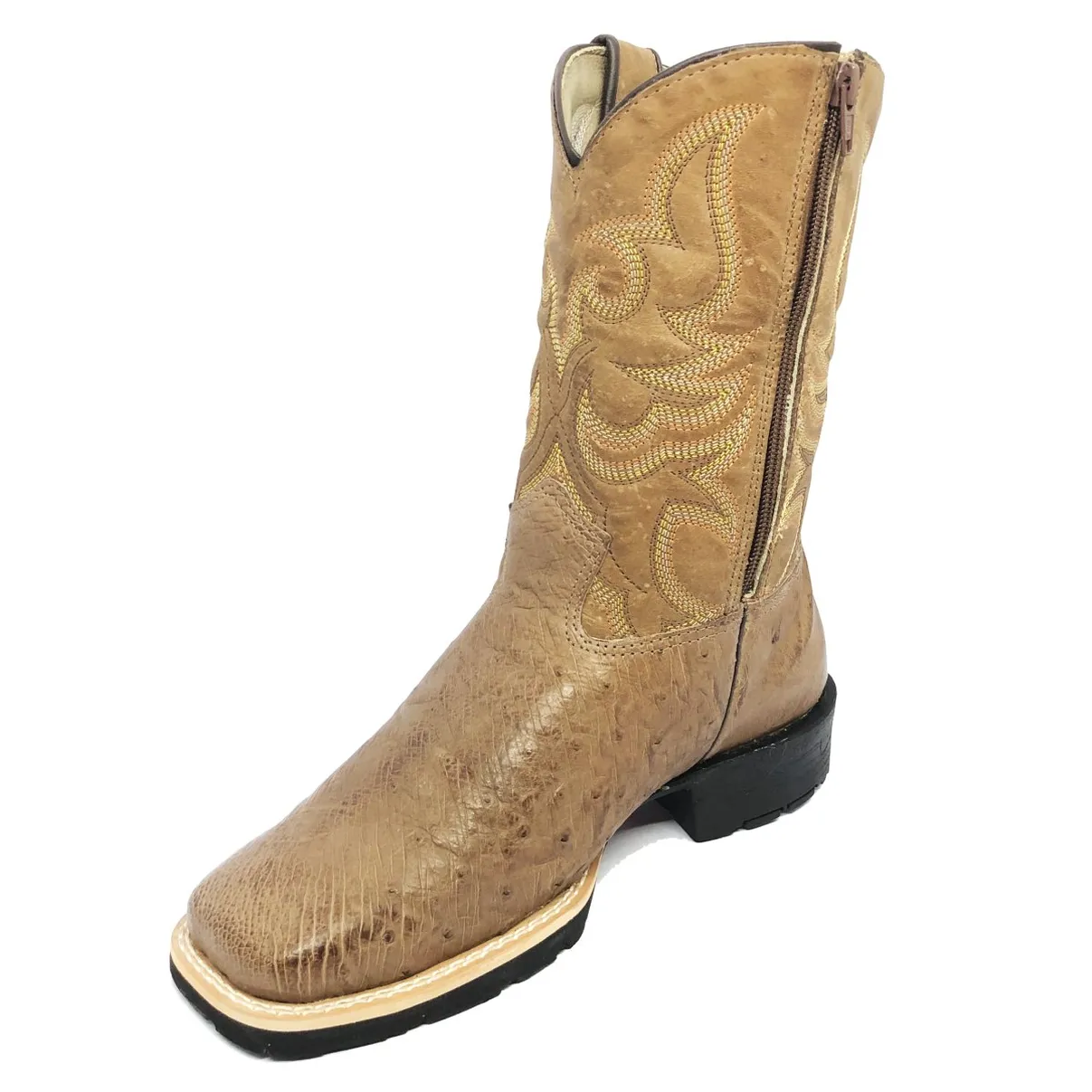 Bota de Barriga de Avestruz Conhaque Escuro - Cano Médio, Bico Quadrado, Solado Flex Comfort