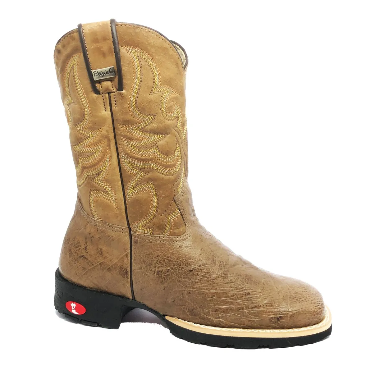 Bota de Barriga de Avestruz Conhaque Escuro - Cano Médio, Bico Quadrado, Solado Flex Comfort