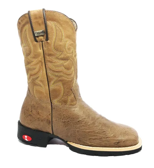 Bota de Barriga de Avestruz Conhaque Escuro - Cano Médio, Bico Quadrado, Solado Flex Comfort