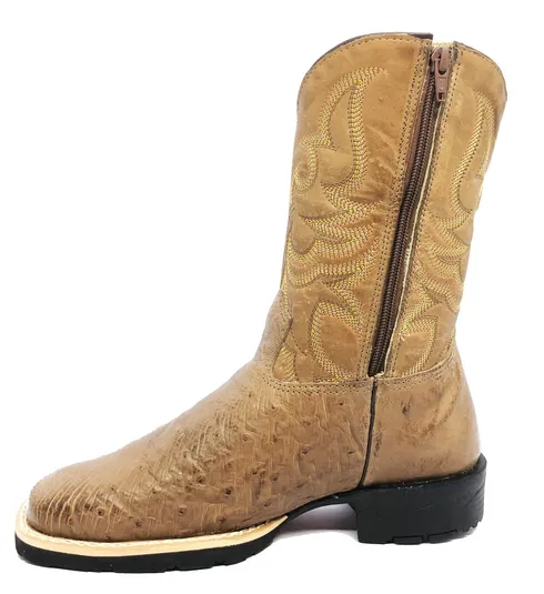 Bota de Barriga de Avestruz Conhaque Escuro - Cano Médio, Bico Quadrado, Solado Flex Comfort