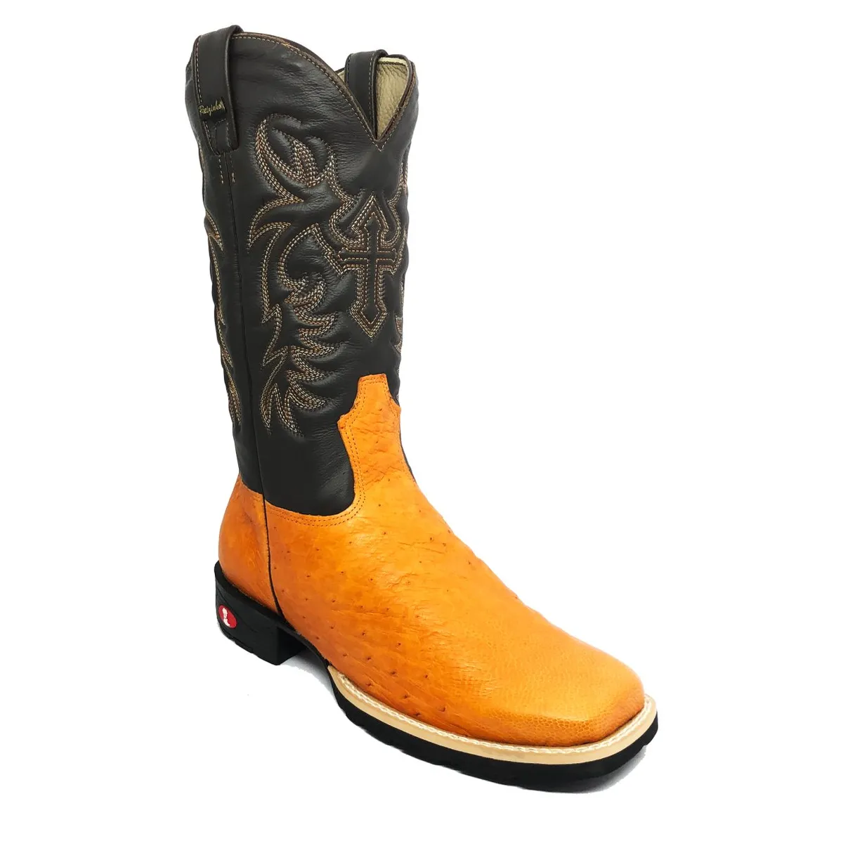 Bota de Barriga de Avestruz Laranja - Cano Alto, Bico Quadrado, Solado Flex Comfort