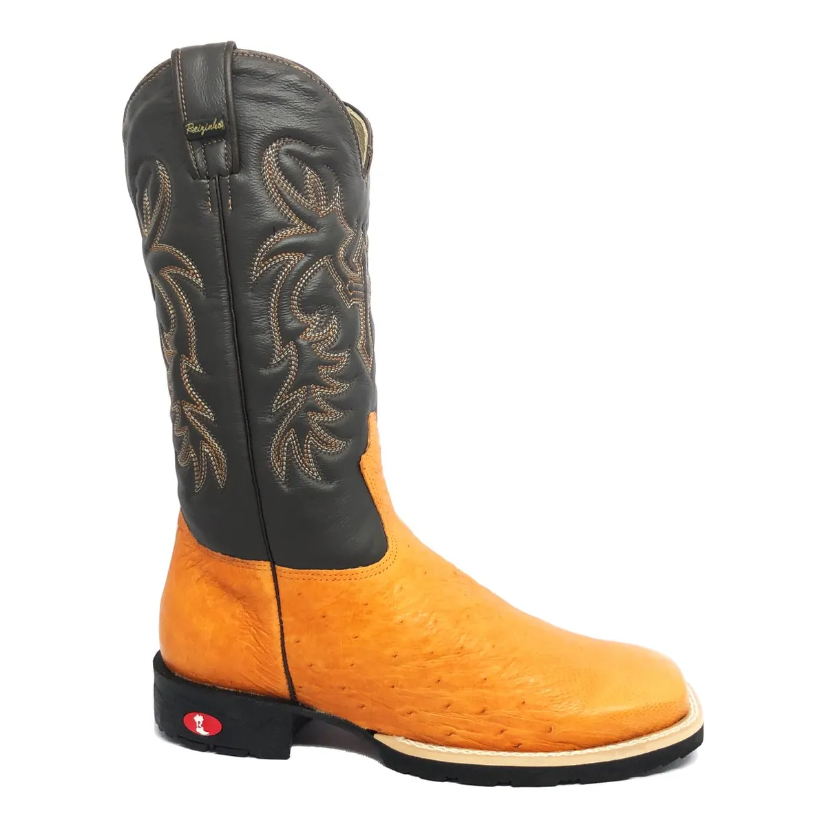 Bota de Barriga de Avestruz Laranja - Cano Alto, Bico Quadrado, Solado Flex Comfort
