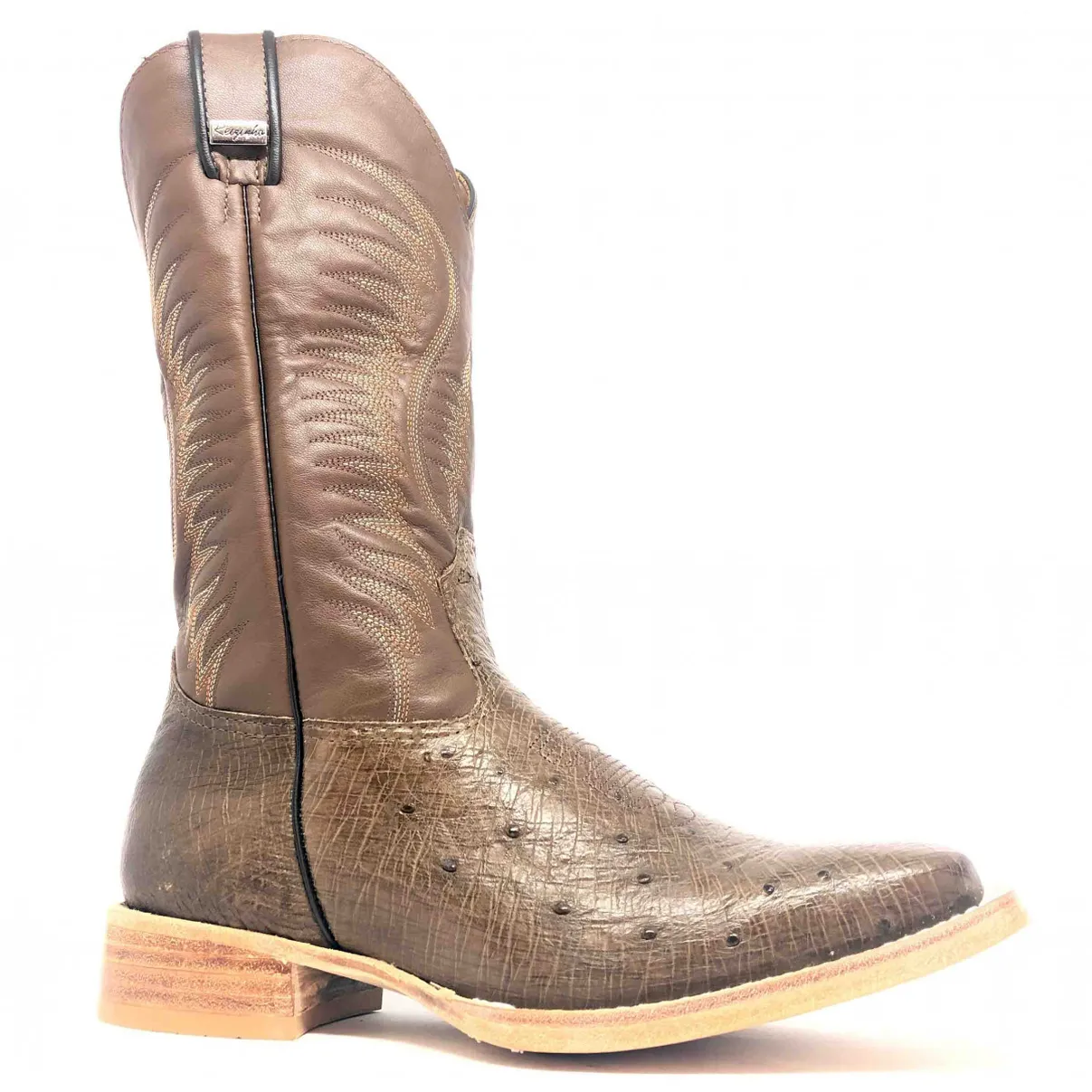 Bota de Barriga de Avestruz Marrom Fosco - CANO ALTO, BICO QUADRADO, ​SOLADO DE COURO ARTESANAL