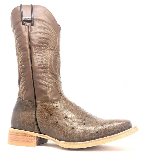 Bota de Barriga de Avestruz Marrom Fosco - CANO ALTO, BICO QUADRADO, ​SOLADO DE COURO ARTESANAL