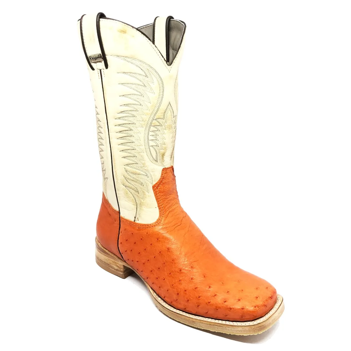 Bota de Barriga de Avestruz Meio Cheio Laranja - Cano Alto, Bico Quadrado, Solado de Couro Artesanal