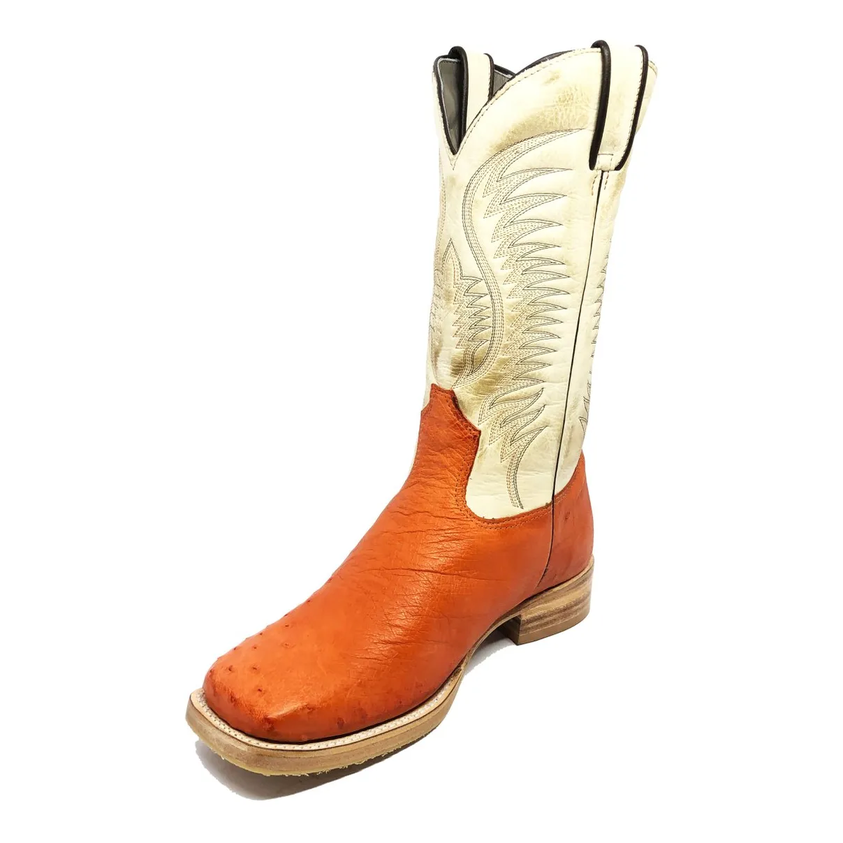 Bota de Barriga de Avestruz Meio Cheio Laranja - Cano Alto, Bico Quadrado, Solado de Couro Artesanal