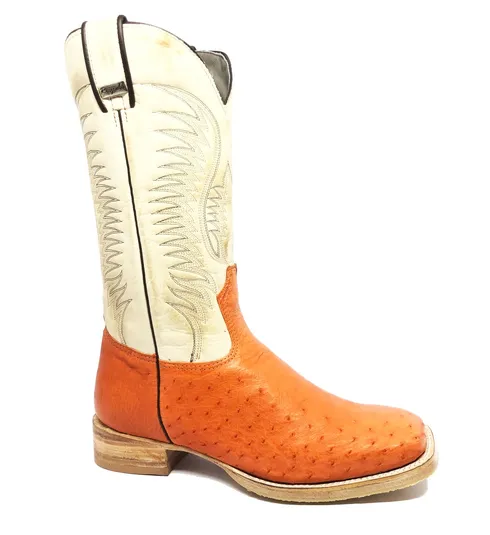 Bota de Barriga de Avestruz Meio Cheio Laranja - Cano Alto, Bico Quadrado, Solado de Couro Artesanal