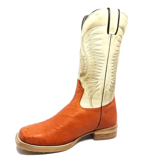 Bota de Barriga de Avestruz Meio Cheio Laranja - Cano Alto, Bico Quadrado, Solado de Couro Artesanal