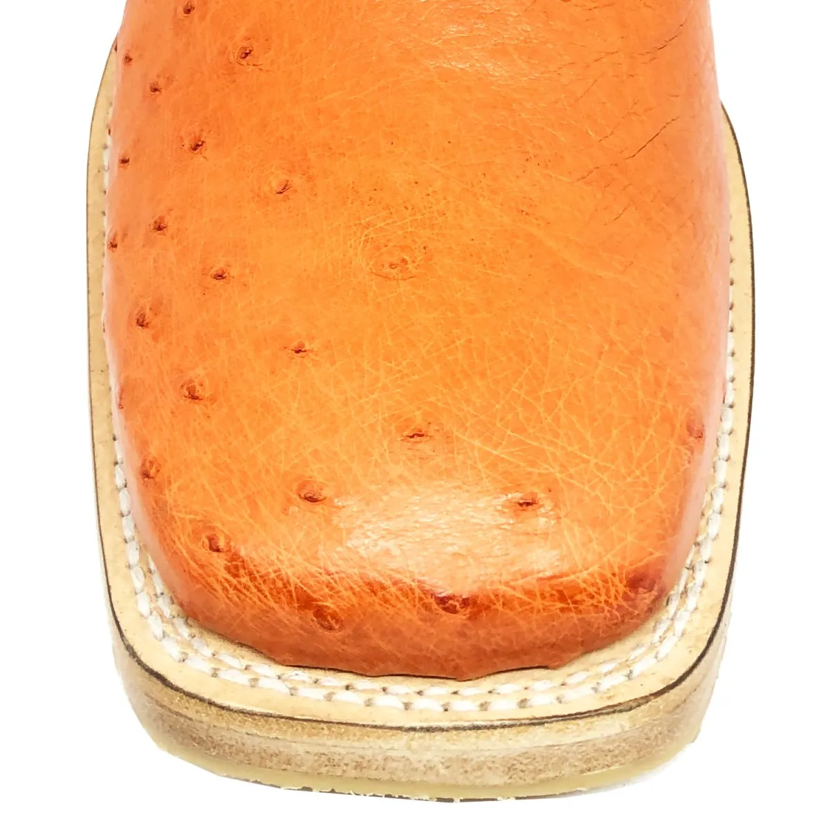 Bota de Barriga de Avestruz Meio Cheio Laranja - Cano Alto, Bico Quadrado, Solado de Couro Artesanal