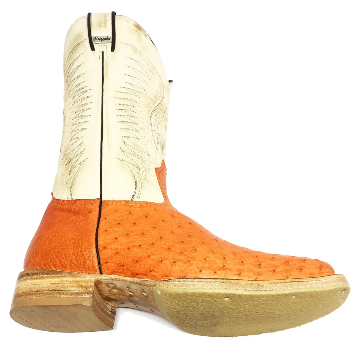 Bota de Barriga de Avestruz Meio Cheio Laranja - Cano Alto, Bico Quadrado, Solado de Couro Artesanal