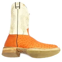 Bota de Barriga de Avestruz Meio Cheio Laranja - Cano Alto, Bico Quadrado, Solado de Couro Artesanal - imagem 3