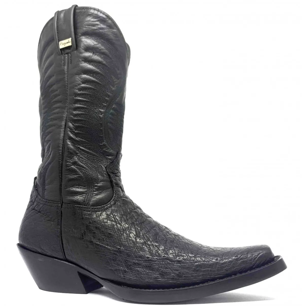 Bota de Barriga de Avestruz Preta - CANO ALTO, BICO QUADRADINHO, ​SOLADO DE COURO ARTESANAL