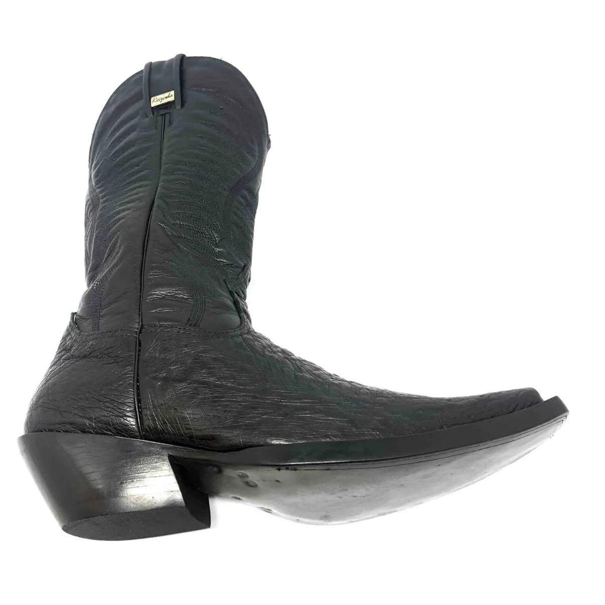 Bota de Barriga de Avestruz Preta - CANO ALTO, BICO QUADRADINHO, ​SOLADO DE COURO ARTESANAL