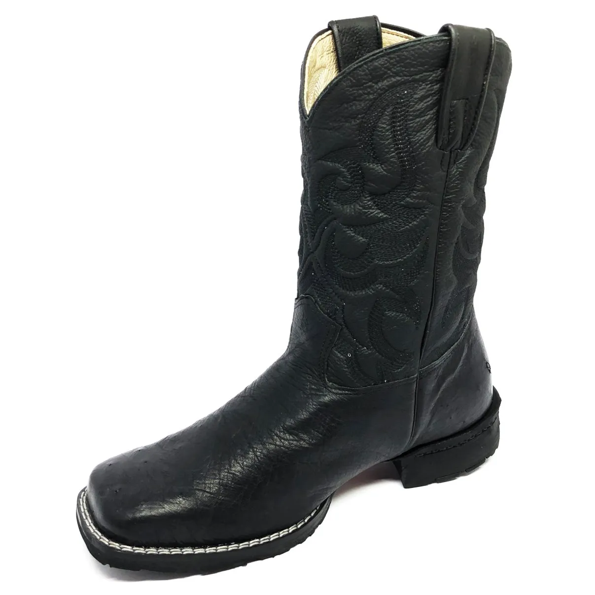 Bota de Barriga de Avestruz Preta - Cano Médio, Bico Quadrado, Solado Flex Comfort