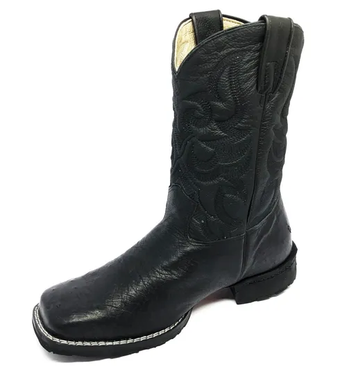 Bota de Barriga de Avestruz Preta - Cano Médio, Bico Quadrado, Solado Flex Comfort