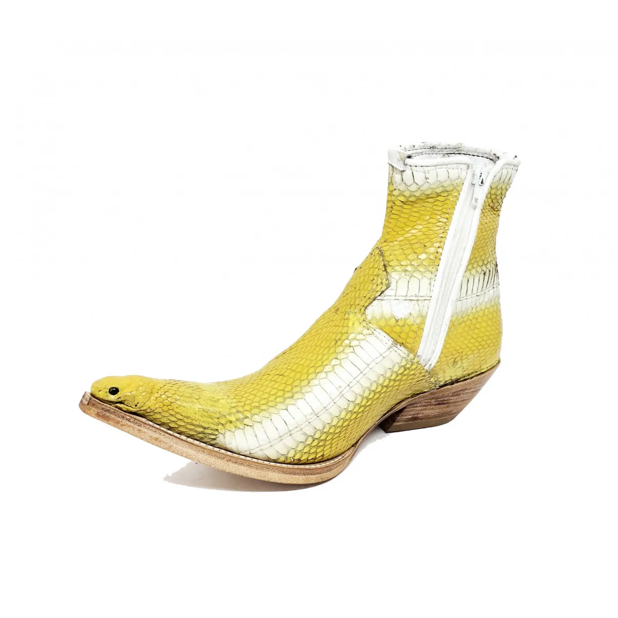 Bota de Cobra Naja Amarela com Cabeça - CANO CURTO, BICO FINO, ​SOLADO DE COURO ARTESANAL
