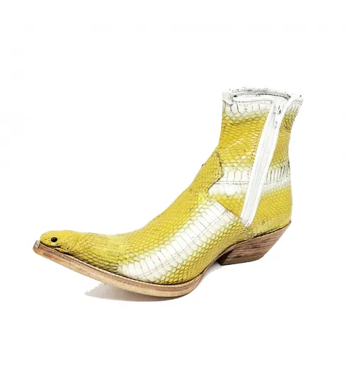 Bota de Cobra Naja Amarela com Cabeça - CANO CURTO, BICO FINO, ​SOLADO DE COURO ARTESANAL
