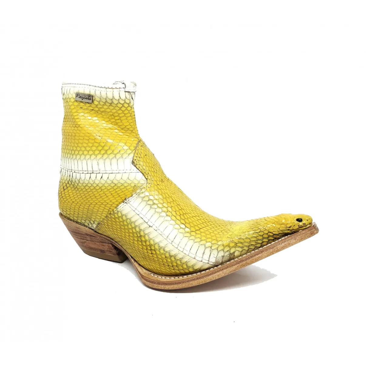 Bota de Cobra Naja Amarela com Cabeça - CANO CURTO, BICO FINO, ​SOLADO DE COURO ARTESANAL