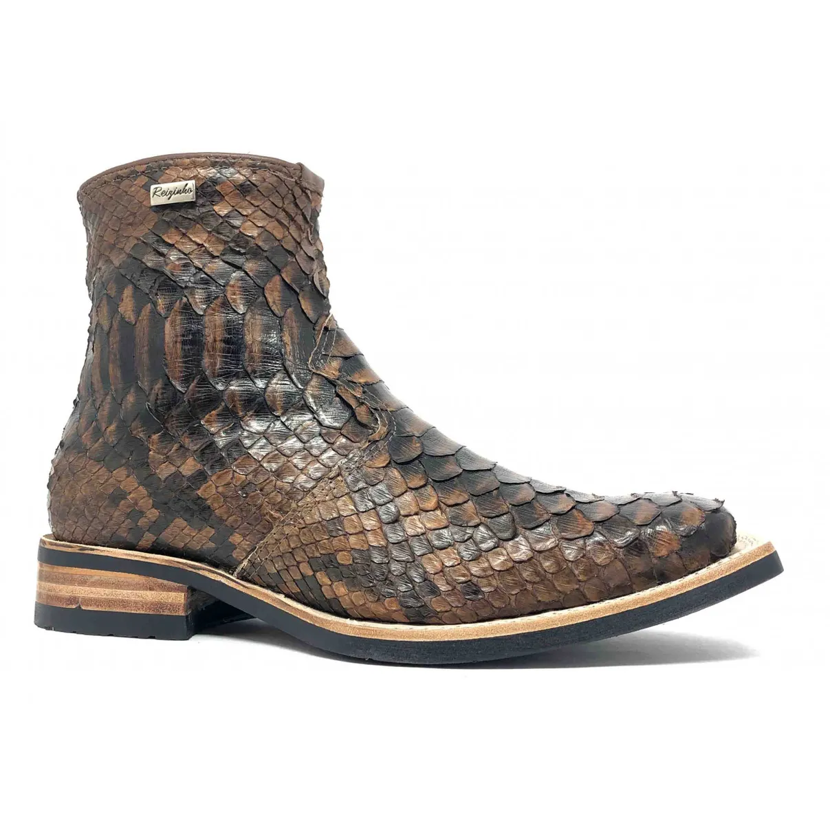 Bota de Cobra Python Luxo Brown - CANO CURTO, BICO QUADRADO, ​SOLADO X-FLEX ARTESANAL