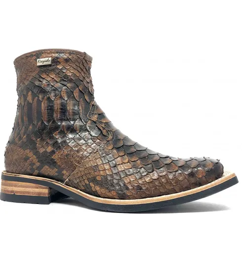 Bota de Cobra Python Luxo Brown - CANO CURTO, BICO QUADRADO, ​SOLADO X-FLEX ARTESANAL