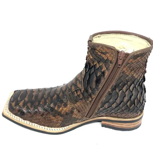 Bota de Cobra Python Luxo Brown - CANO CURTO, BICO QUADRADO, ​SOLADO X-FLEX ARTESANAL