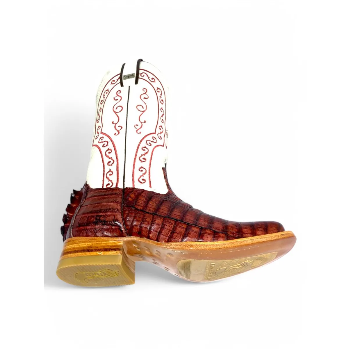 Bota Texana de Couro de Jacaré Vinho Rabo - Cano Alto, Bico Quadrado - Solado de Couro Artesanal Injetado | Reizinho Bot