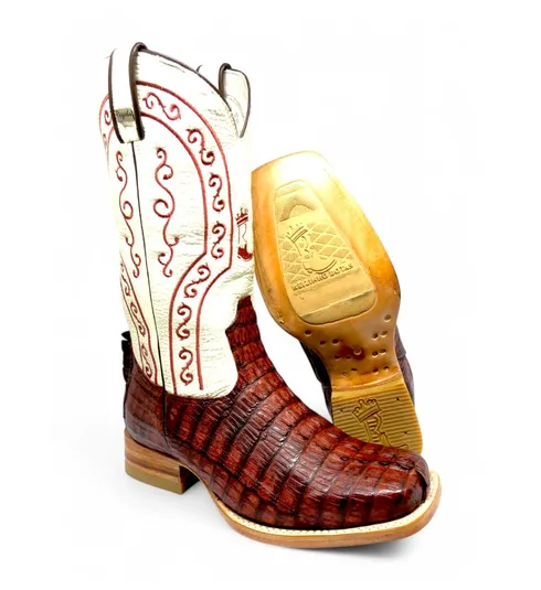 Bota Texana de Couro de Jacaré Vinho Rabo - Cano Alto, Bico Quadrado - Solado de Couro Artesanal Injetado | Reizinho Bot