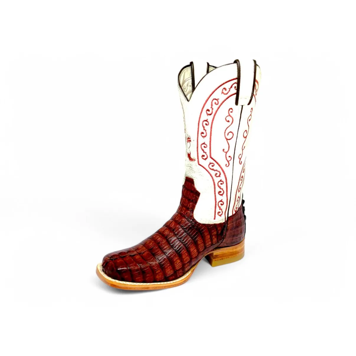Bota Texana de Couro de Jacaré Vinho Rabo - Cano Alto, Bico Quadrado - Solado de Couro Artesanal Injetado | Reizinho Bot