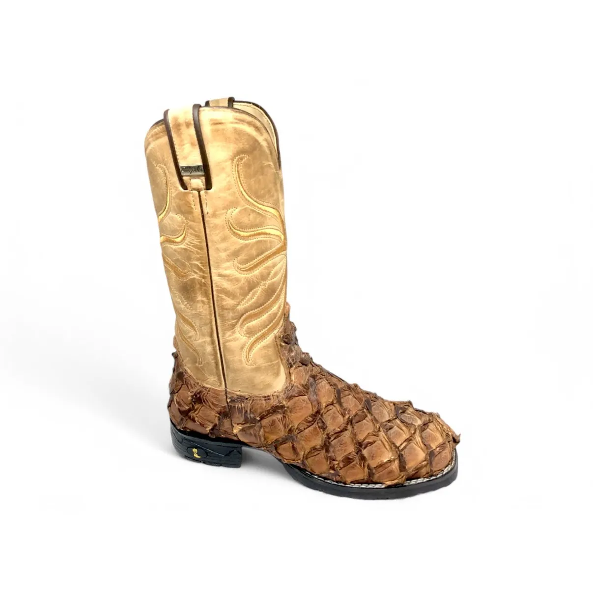 Bota Texana De Couro De Pirarucu Dry Leaf - Cano Alto, Bico Quadrado - Solado Flex Comfort | Reizinho Botas