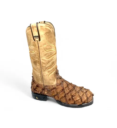 Bota Texana De Couro De Pirarucu Dry Leaf - Cano Alto, Bico Quadrado - Solado Flex Comfort | Reizinho Botas