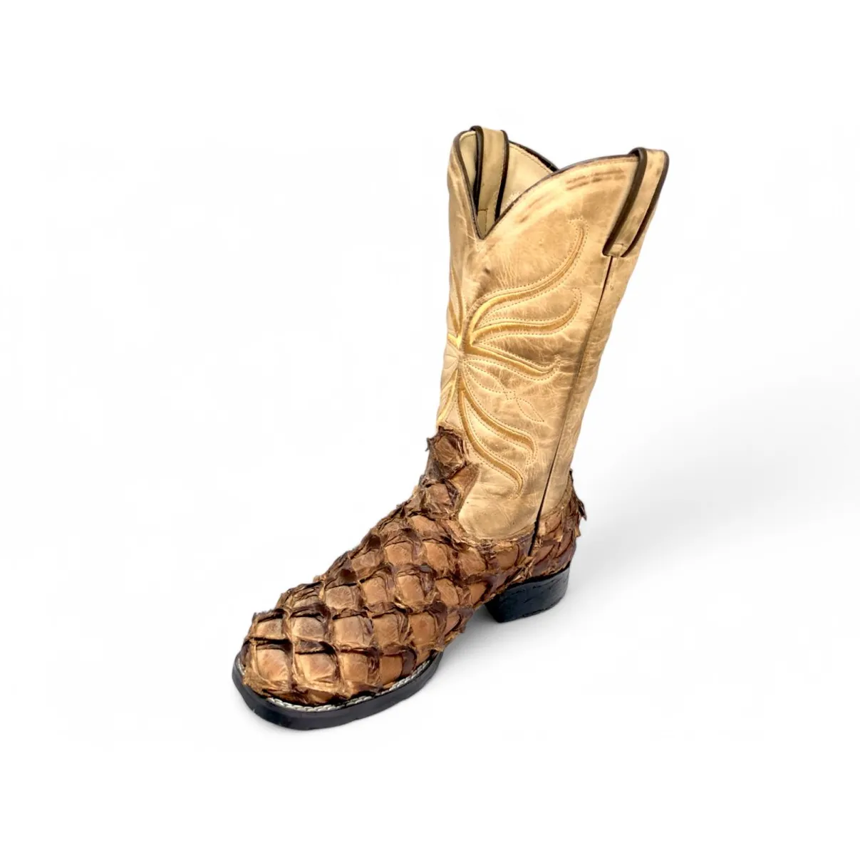Bota Texana De Couro De Pirarucu Dry Leaf - Cano Alto, Bico Quadrado - Solado Flex Comfort | Reizinho Botas