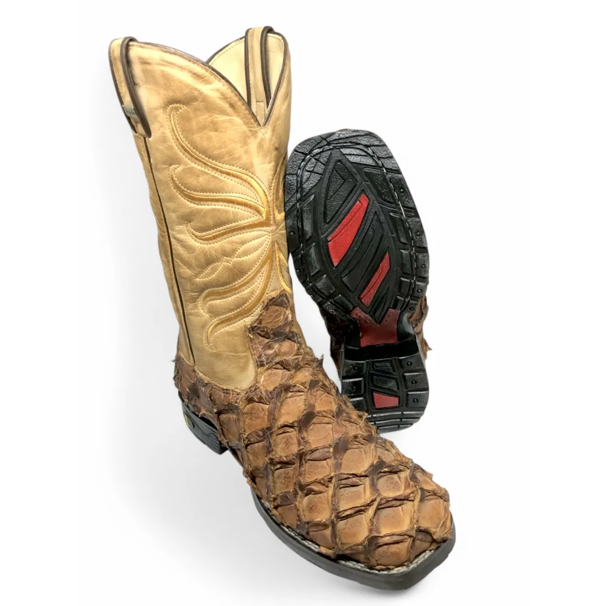 Bota Texana De Couro De Pirarucu Dry Leaf - Cano Alto, Bico Quadrado - Solado Flex Comfort | Reizinho Botas
