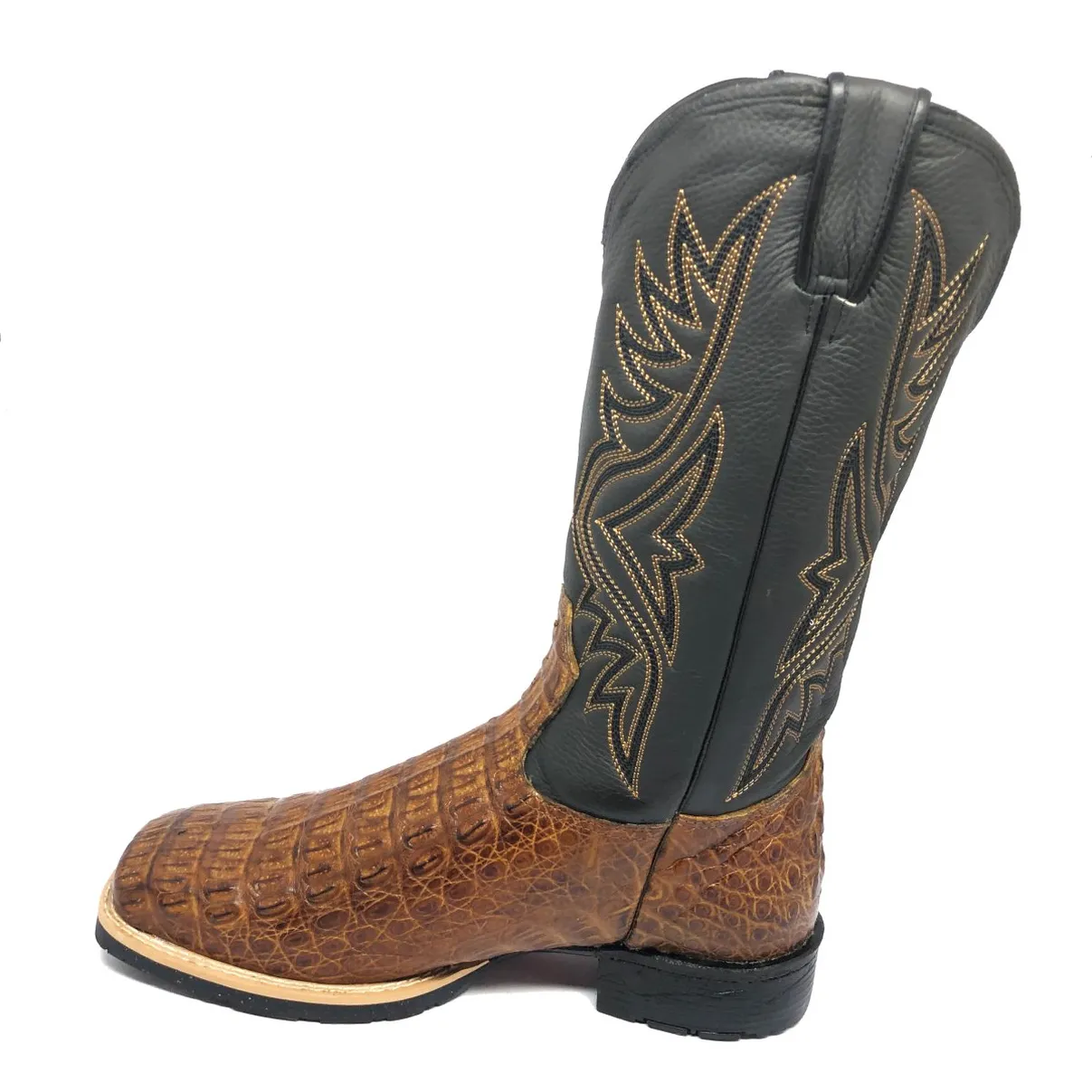 Bota Texana De Couro Legítimo De Jacaré Havana Escuro - Cano Alto, Bico Quadrado - Solado Flex Comfort