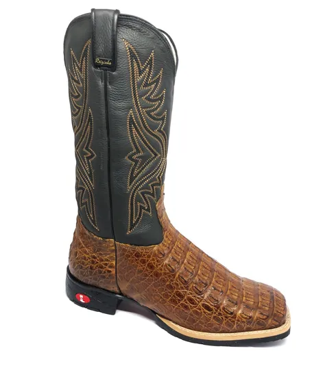 Bota Texana De Couro Legítimo De Jacaré Havana Escuro - Cano Alto, Bico Quadrado - Solado Flex Comfort