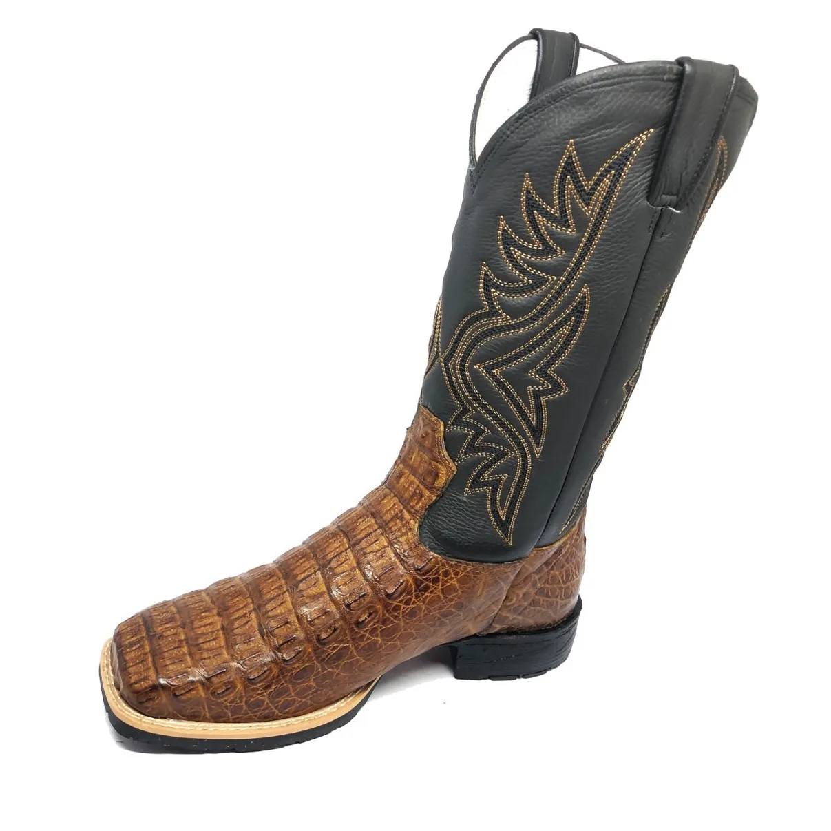 Bota Texana De Couro Legítimo De Jacaré Havana Escuro - Cano Alto, Bico Quadrado - Solado Flex Comfort