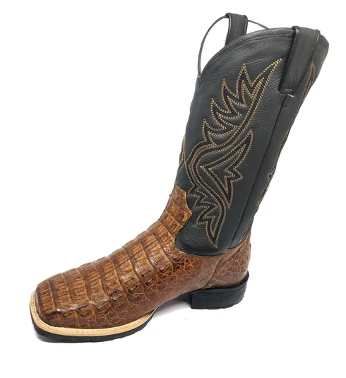 Bota Texana De Couro Legítimo De Jacaré Havana Escuro - Cano Alto, Bico Quadrado - Solado Flex Comfort