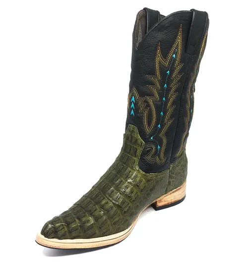 Bota Texana de Couro Legítimo de Jacaré Preto - Cano Alto, Bico Fino Arredondado - Solado de Couro Artesanal Com Proteçã