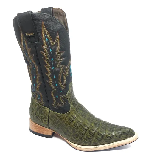 Bota Texana de Couro Legítimo de Jacaré Preto - Cano Alto, Bico Fino Arredondado - Solado de Couro Artesanal Com Proteçã
