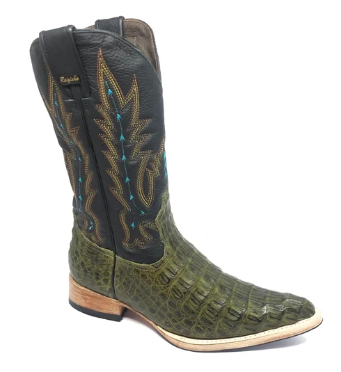 Bota Texana de Couro Legítimo de Jacaré Preto - Cano Alto, Bico Fino Arredondado - Solado de Couro Artesanal Com Proteçã