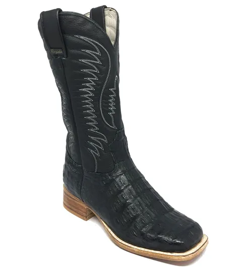 Bota Texana de Couro Legítimo de Jacaré Preto - Cano Alto, Bico Quadrado - Solado de Couro Artesanal