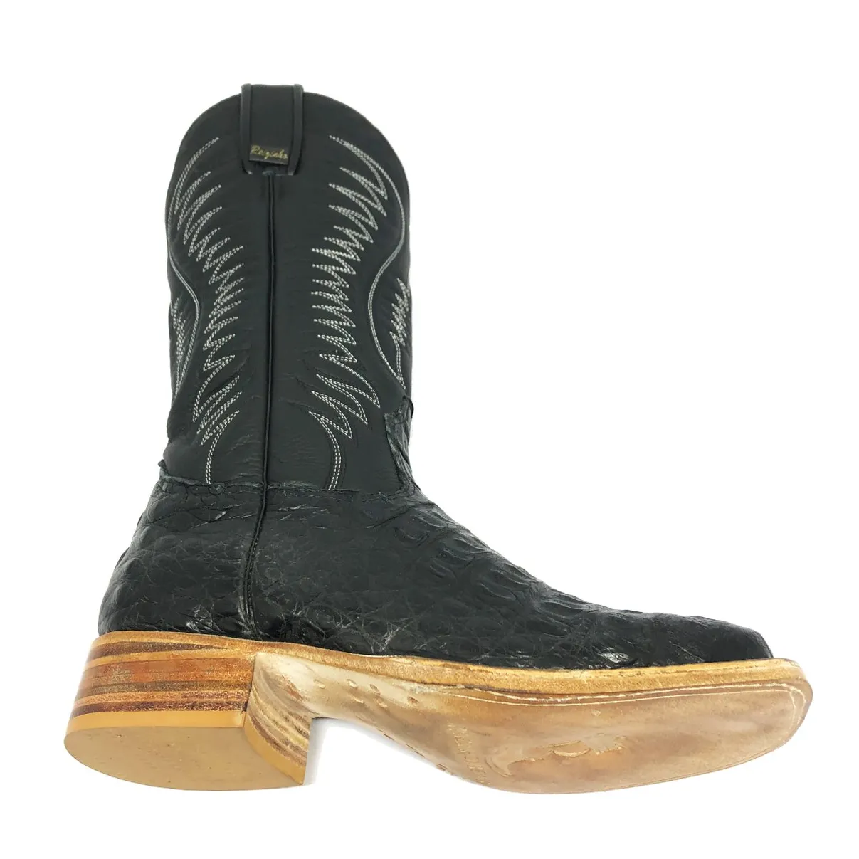 Bota Texana de Couro Legítimo de Jacaré Preto - Cano Alto, Bico Quadrado - Solado de Couro Artesanal