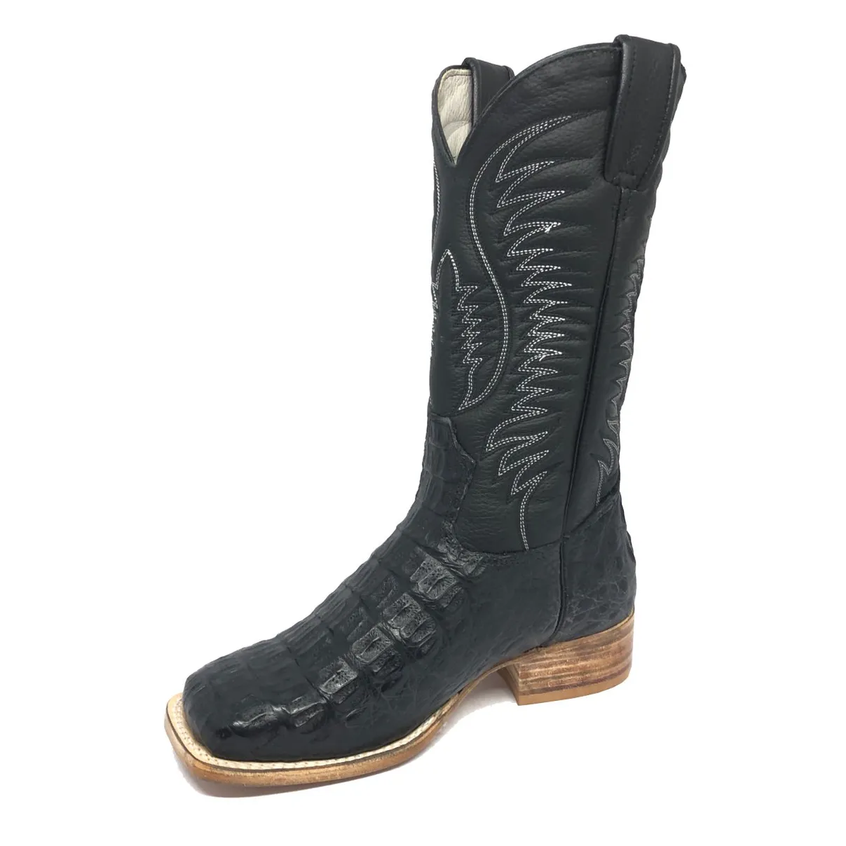 Bota Texana de Couro Legítimo de Jacaré Preto - Cano Alto, Bico Quadrado - Solado de Couro Artesanal
