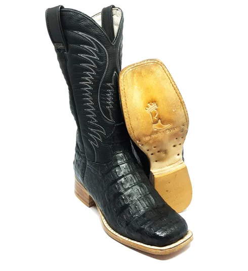 Bota Texana de Couro Legítimo de Jacaré Preto - Cano Alto, Bico Quadrado - Solado de Couro Artesanal