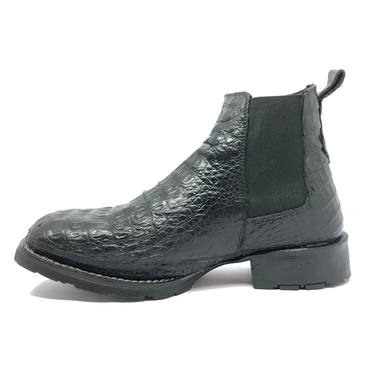 Bota Texana De Couro Legítimo de Jacaré Preto - Cano Curto Elástico, Bico Quadrado - Solado Flex Comfort