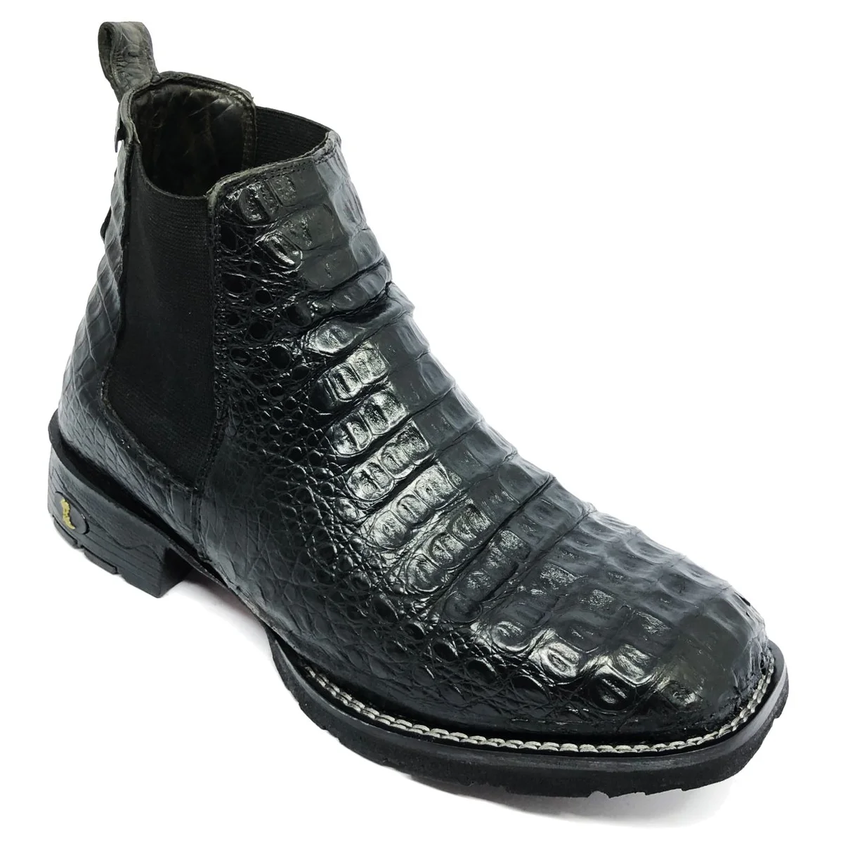 Bota Texana De Couro Legítimo de Jacaré Preto - Cano Curto Elástico, Bico Quadrado - Solado Flex Comfort