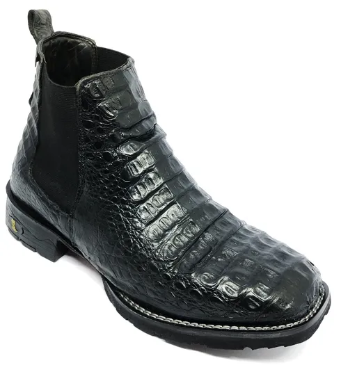 Bota Texana De Couro Legítimo de Jacaré Preto - Cano Curto Elástico, Bico Quadrado - Solado Flex Comfort