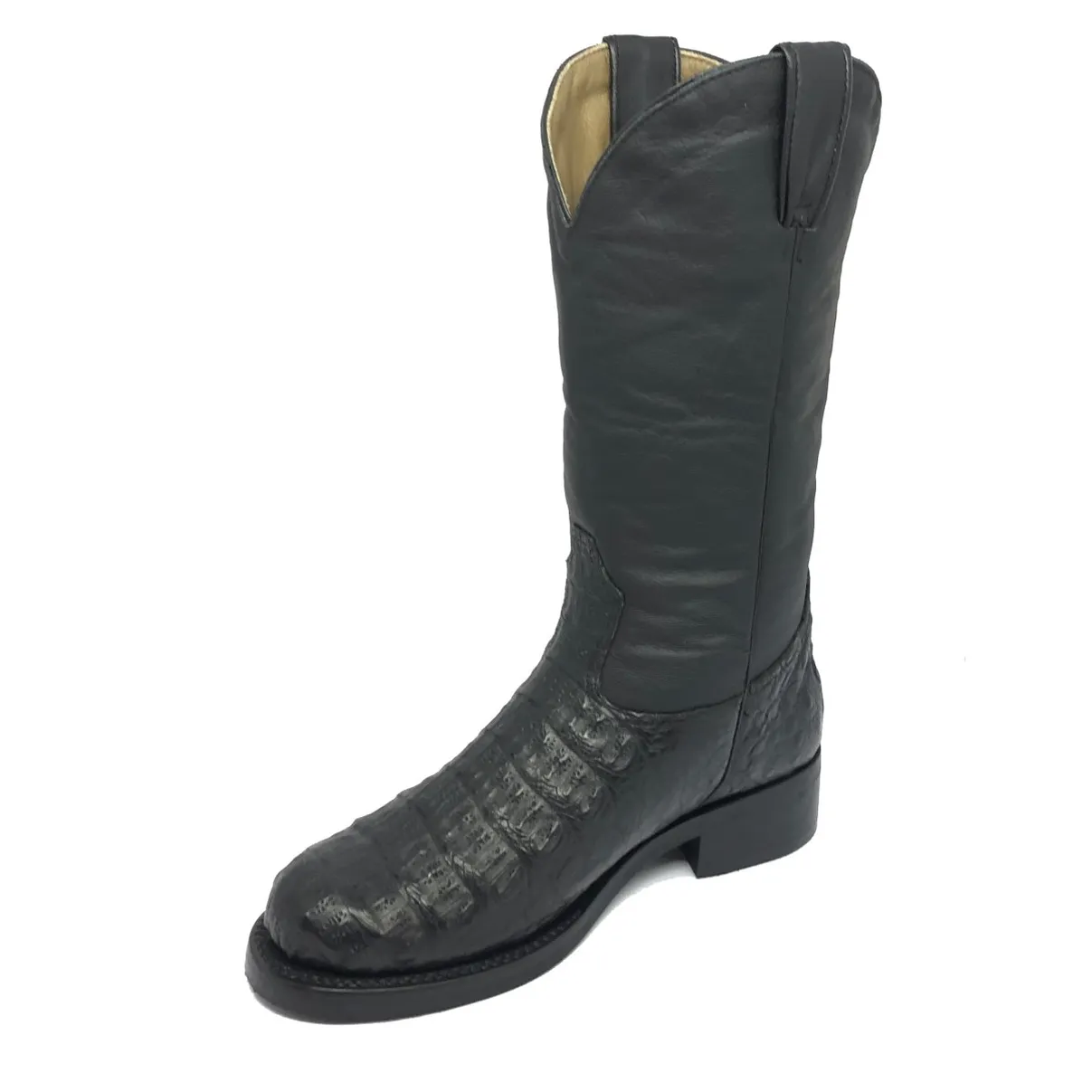 Bota Texana de Couro Legítimo de Jacaré Preto - Cano Alto, Bico Quadrado - Solado X-Flex Artesanal