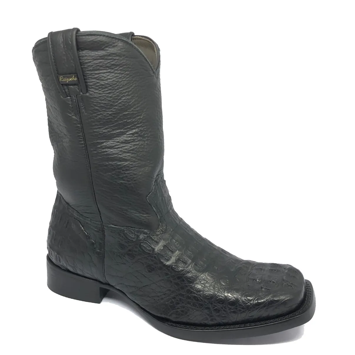 Bota Texana de Couro Legítimo de Jacaré Preto - Cano Médio, Bico Quadrado - Solado de Couro Artesanal