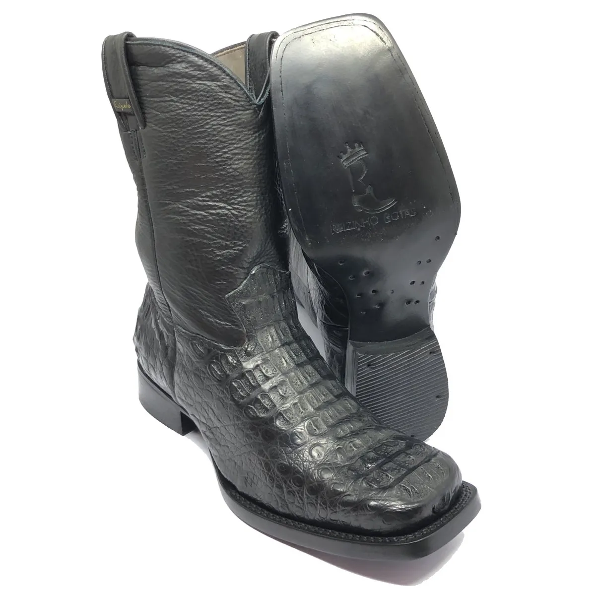 Bota Texana de Couro Legítimo de Jacaré Preto - Cano Médio, Bico Quadrado - Solado de Couro Artesanal
