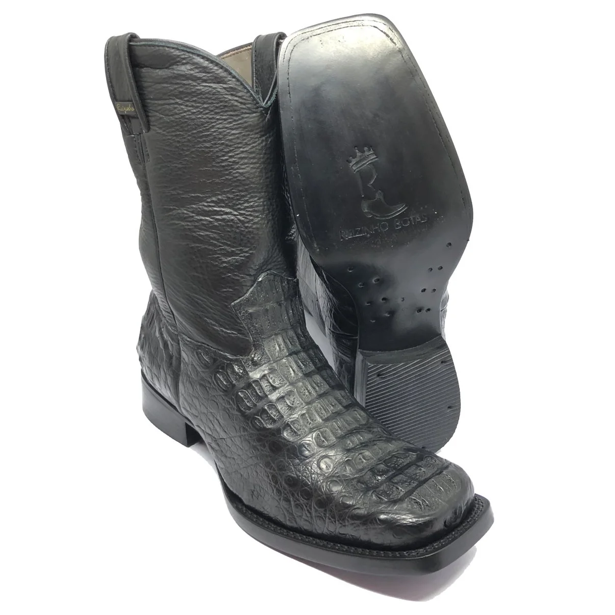 Bota Texana de Couro Legítimo de Jacaré Preto - Cano Médio, Bico Quadrado - Solado de Couro Artesanal